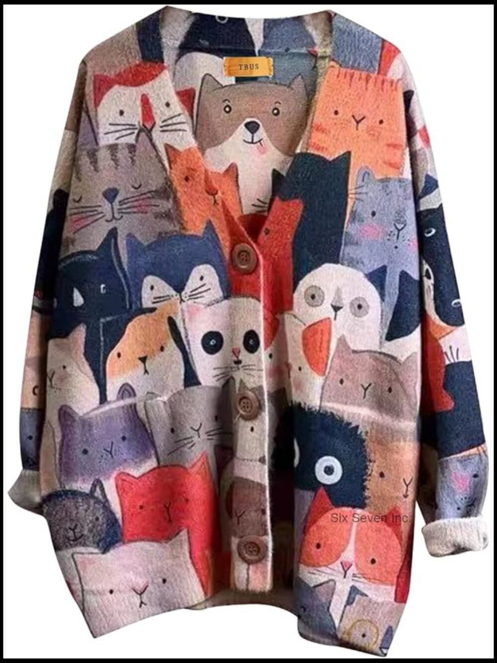V Neck Oversized Cat Print Cardigan Long Sleeve Button Front with Pockets